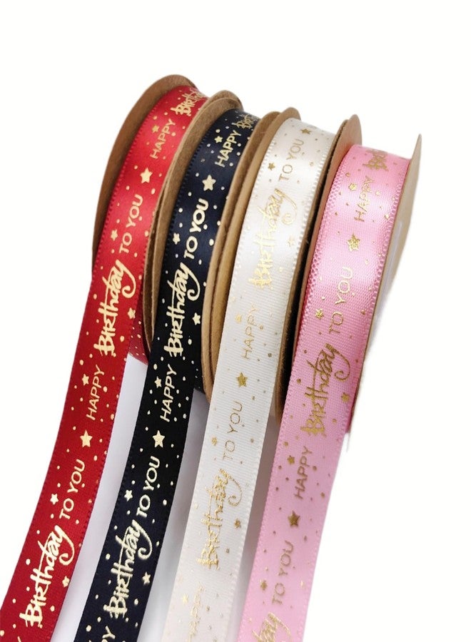 Wonesifee 4 Rolls Happy Birthday Ribbon Cake Decorations 5/8"/1.5cm Satin Gift Wrap Ribbons for Bouquet,Gold Stamping DIY Flower Birthday Wrapping,Craft Bow Making,Party Supplies 4colors 40yards/Pack - Image 1
